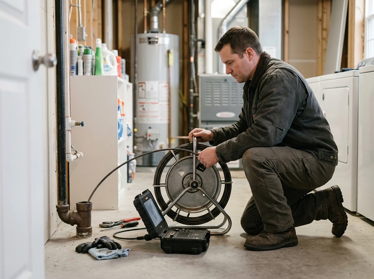 A technician preparing a drain inspection camera in a utility room.
