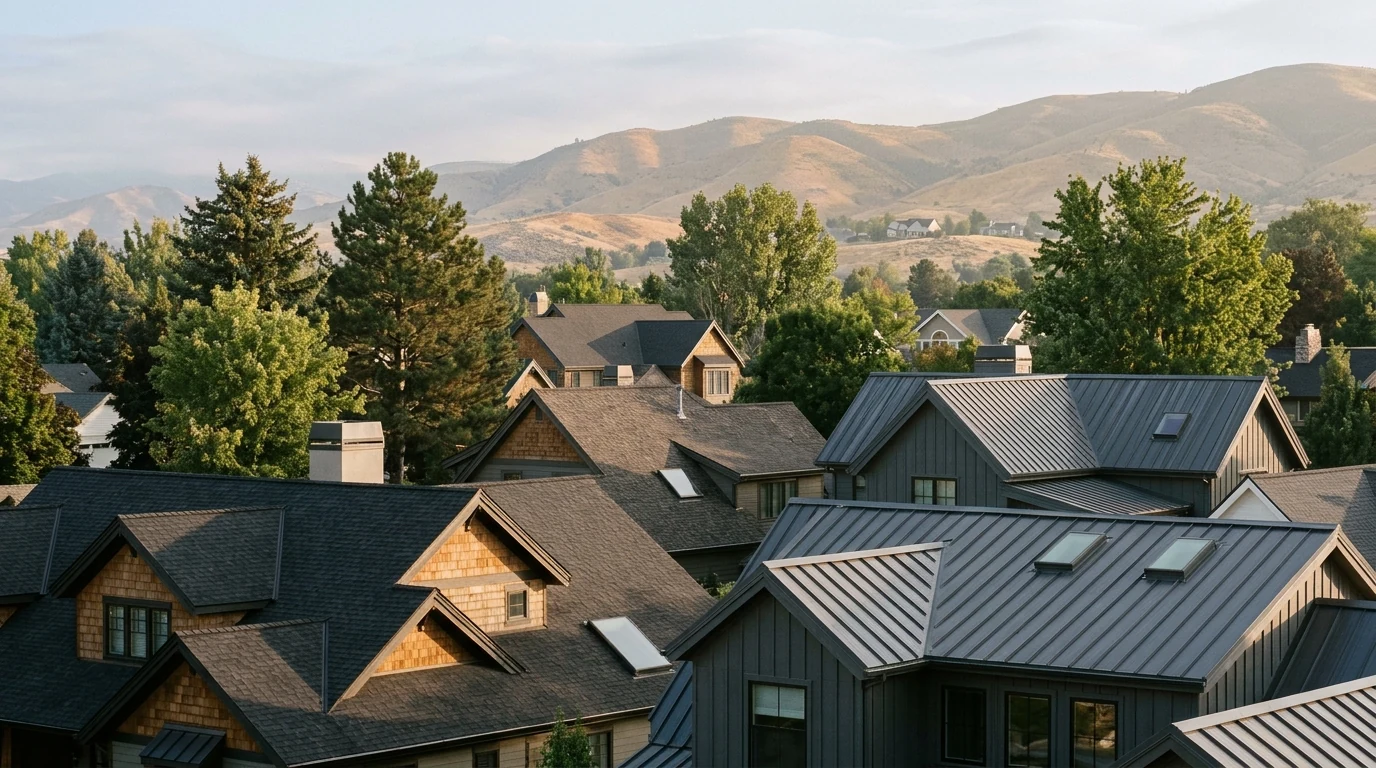 Homes and rooftops in an illustrative neighborhood scene.