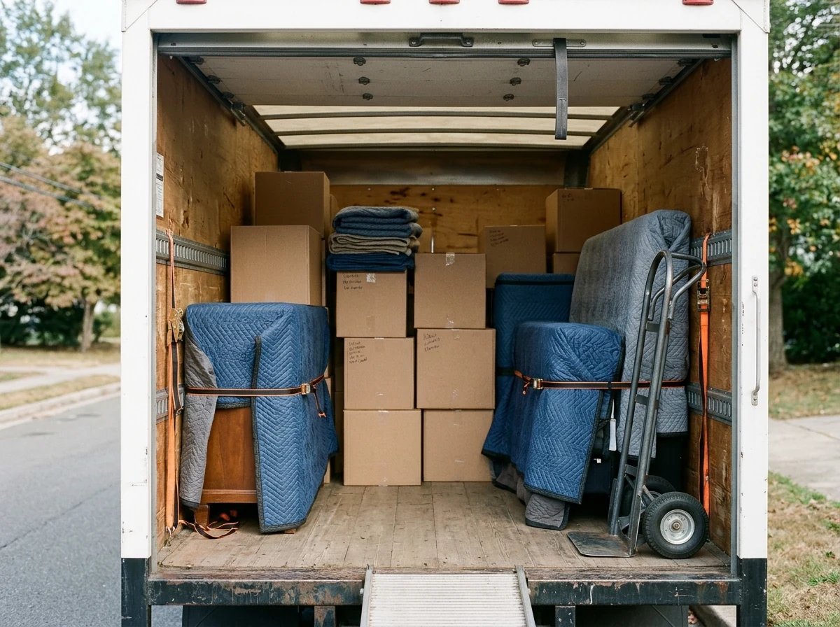 Moving blankets, household boxes and securing straps inside a moving truck.