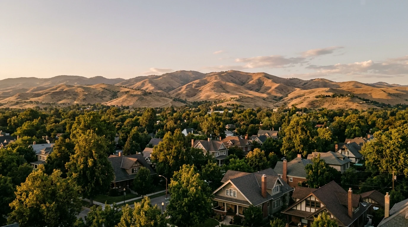 An illustrative panorama of a city, trees and surrounding hills.