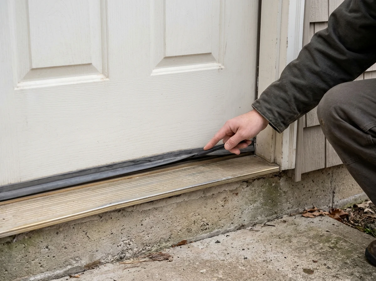 A hand pointing to a door sweep at an exterior threshold.
