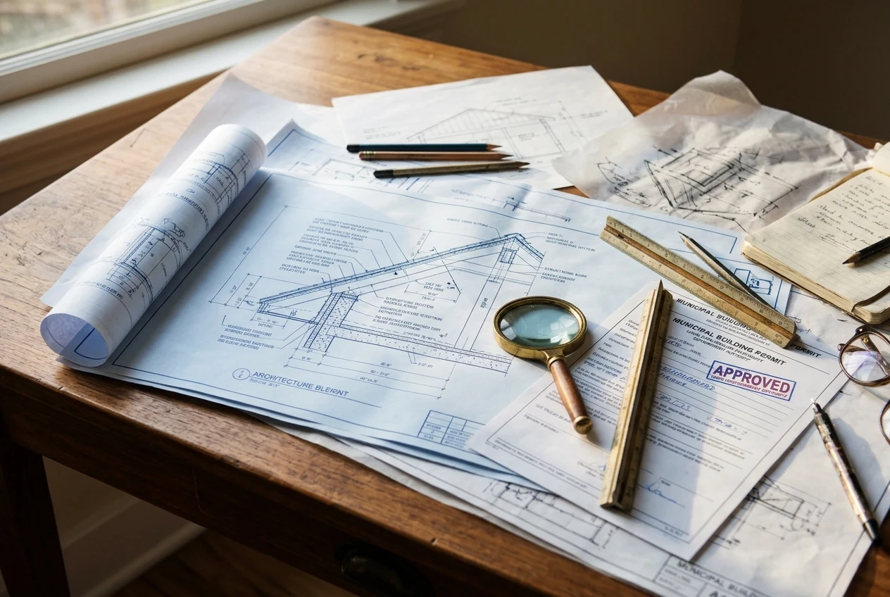 Illustration of roofing drawings and tools on a wooden table
